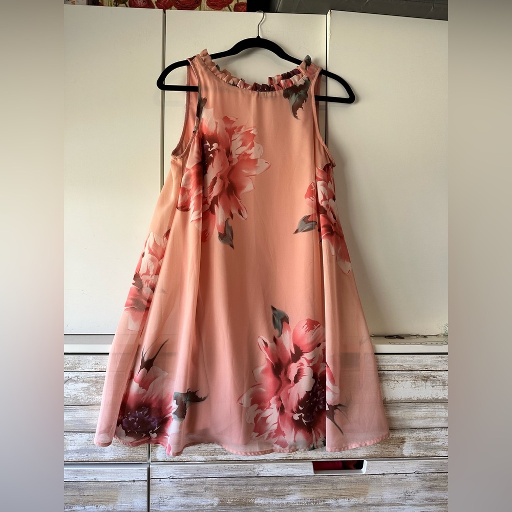 🌸💕 Jodi Kristopher Pink Floral Chiffon Swing Dress Size Small